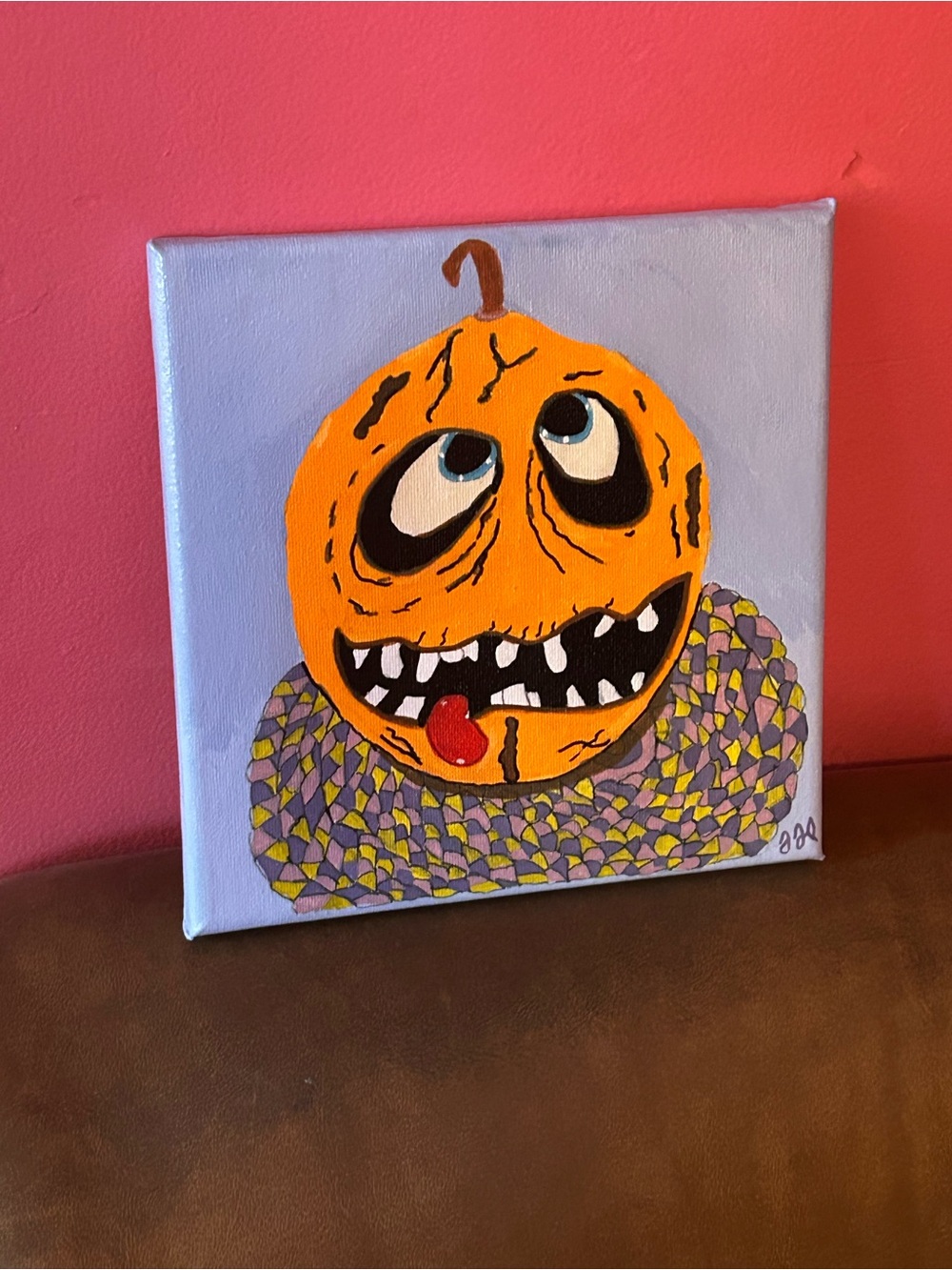 One Of A Kind Original Fall Decor Vibes Pumpkin Sitting On Braided Rug Painting
